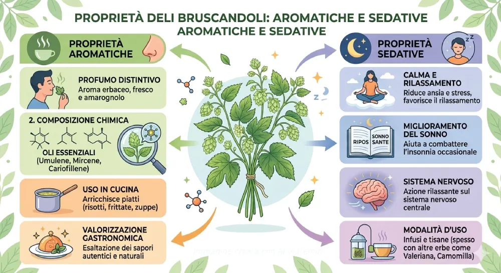 infografica raffigurante gli utilizzi in cucina e le proprietà aromatiche e sedative dei bruscandoli, realizzata con AI di Gemini