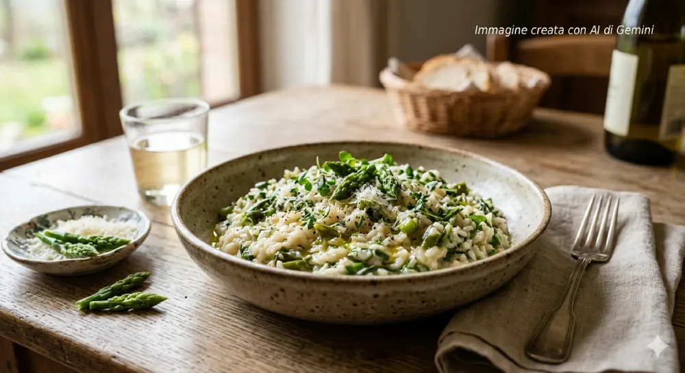 immagine creata con ai di gemini raffigurante un risotto ai bruscandoli tipica pietanza dei colli euganei
